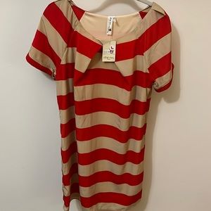 Pink Owl Striped Red and Beige Midi Dress Size L